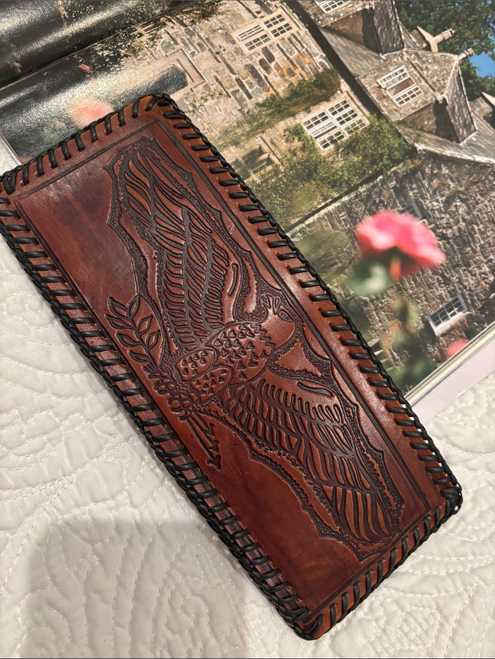 Vintage Hand-Tooled Brown Leather Men's Wallet with Eagle Design